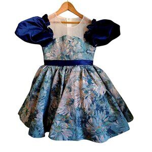 Vtg Girls Floral Tapestry Dress With Sheer Bodice & Navy Satin Puff Sleeves